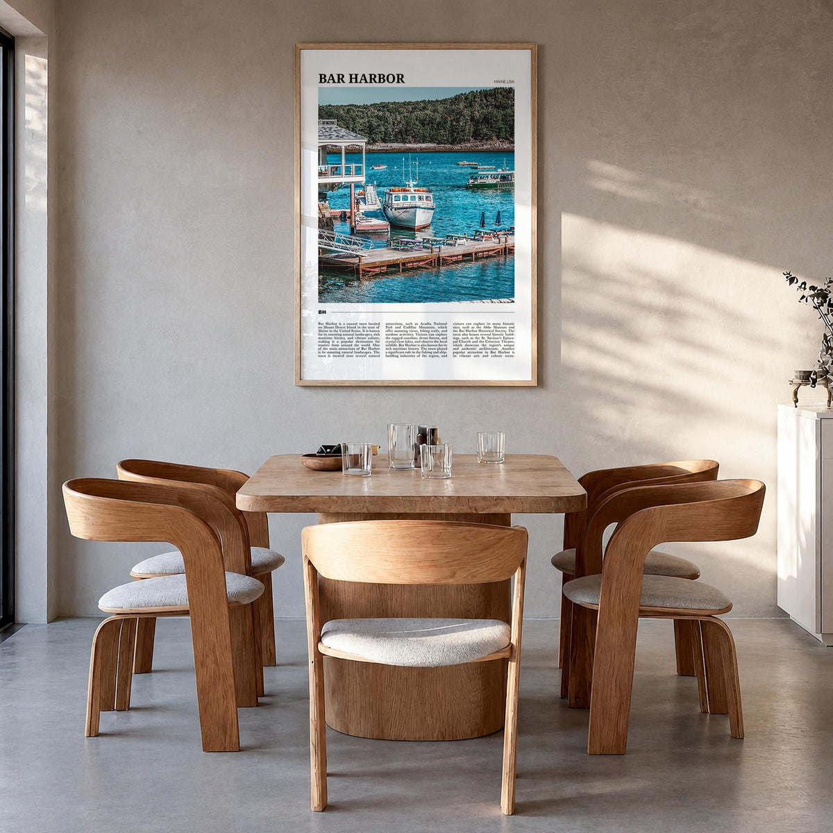 Bar Harbor no. 2 colorful travel poster of Maine, USA – vertical wall art in natural wood frame, hanging on wall