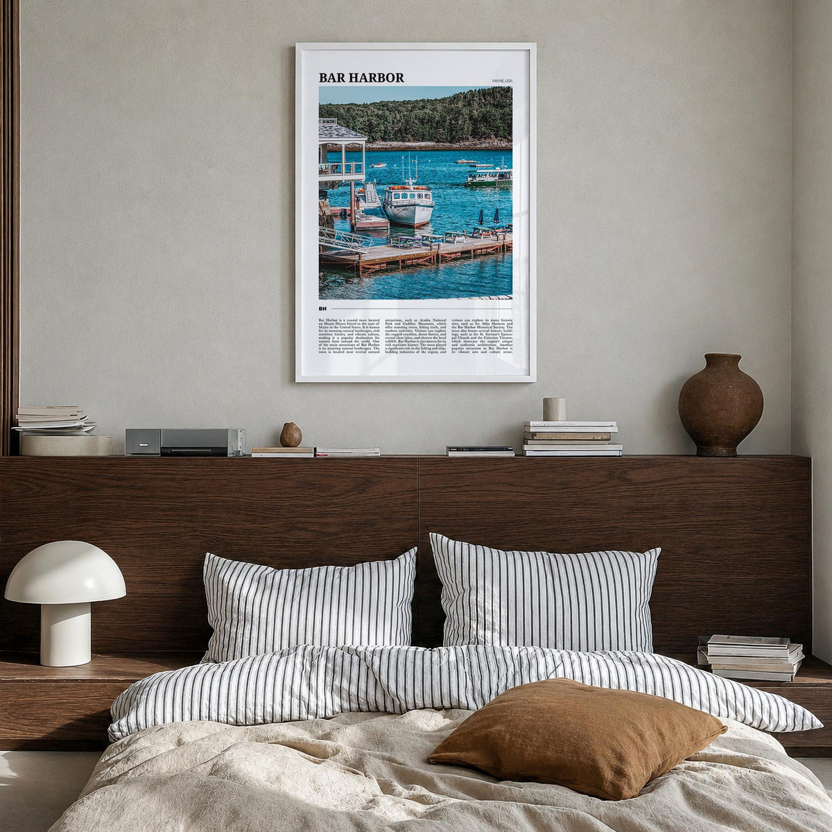 Bar Harbor no. 2 colorful travel poster of Maine, USA – vertical wall art in white wood frame, hanging on wall