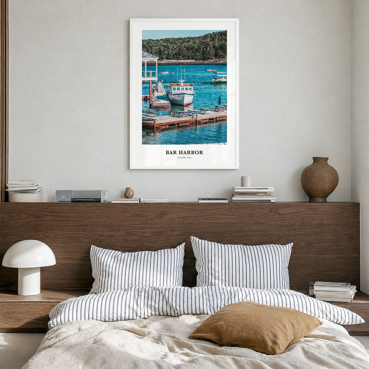 Bar Harbor Classic No 2 Poster in a white wood frame, hanging in a bedroom