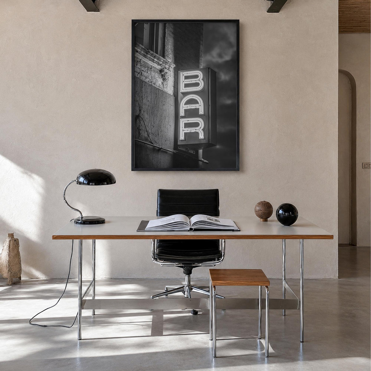 Bar Sign black & white photo poster – vertical wall art in black wood frame, hanging on wall