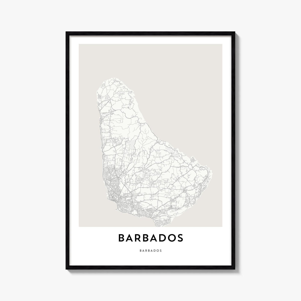 Barbados black & white map poster of Caribbean – vertical wall art, unframed print shown in interior mockup