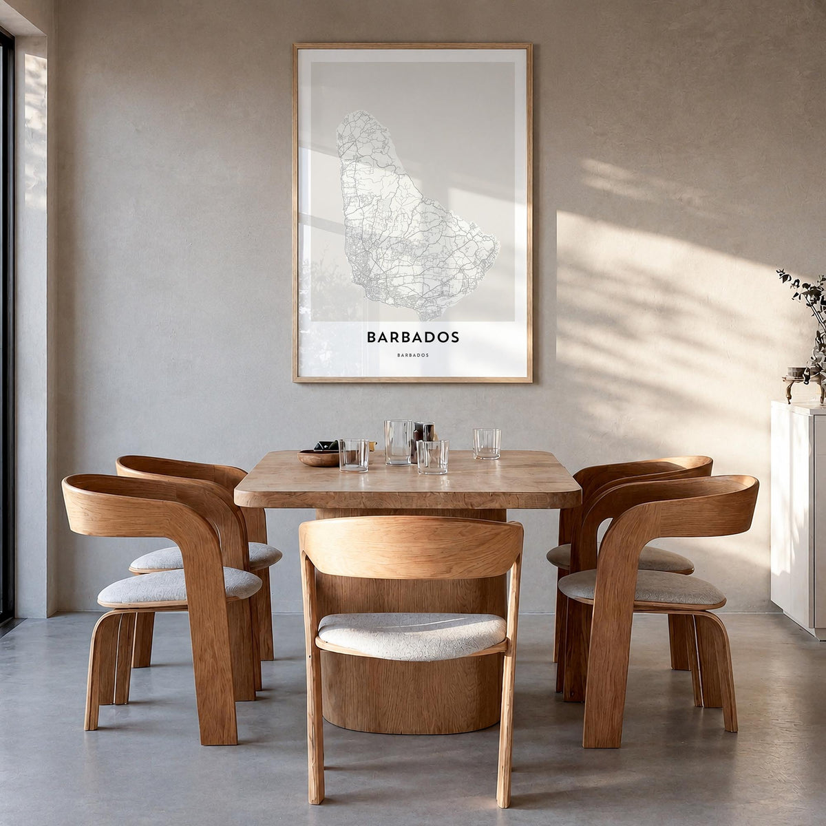 Barbados black & white map poster of Caribbean – vertical wall art in natural wood frame, hanging on wall