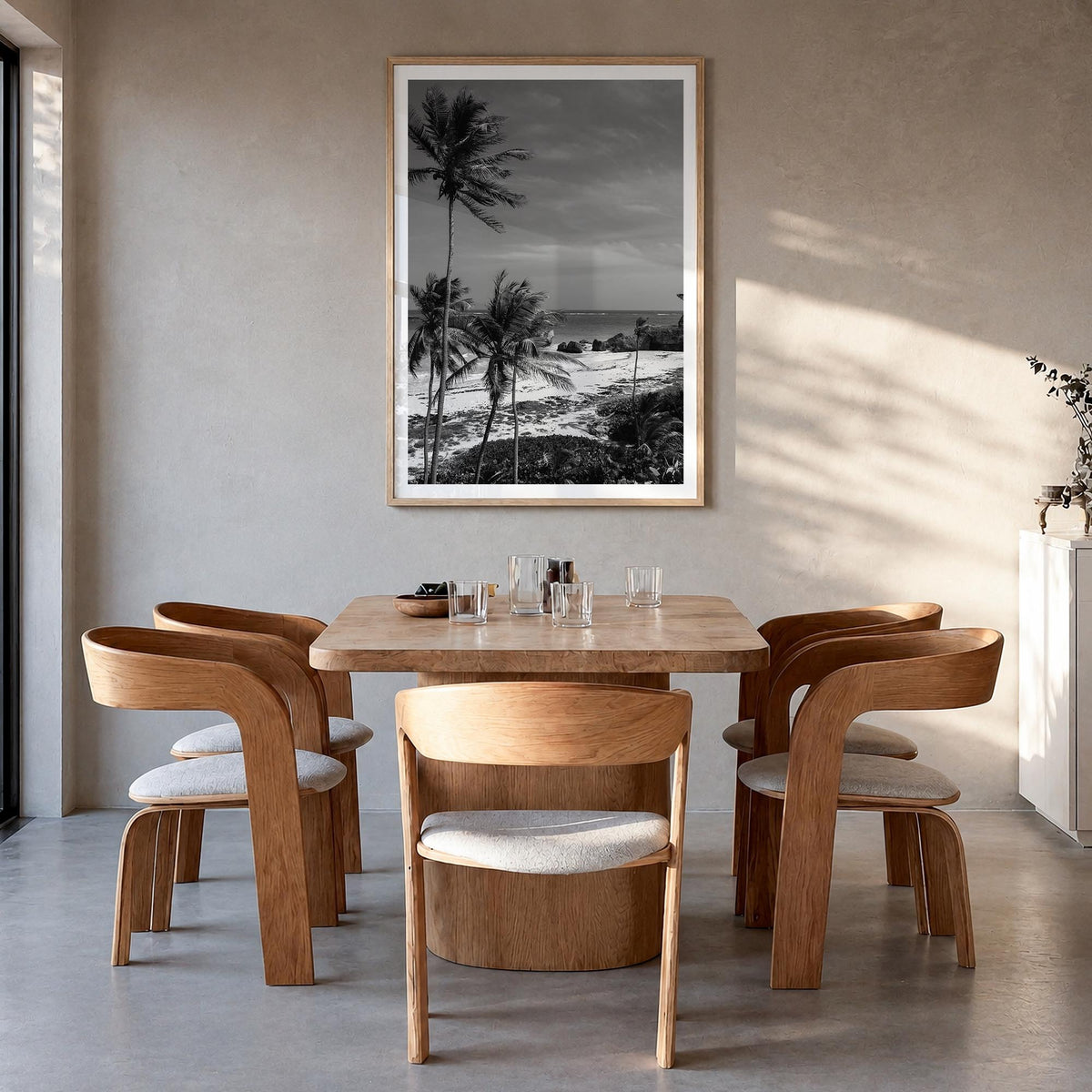 Barbados black & white photo poster of Caribbean – vertical wall art in natural wood frame with white border, hanging on wall
