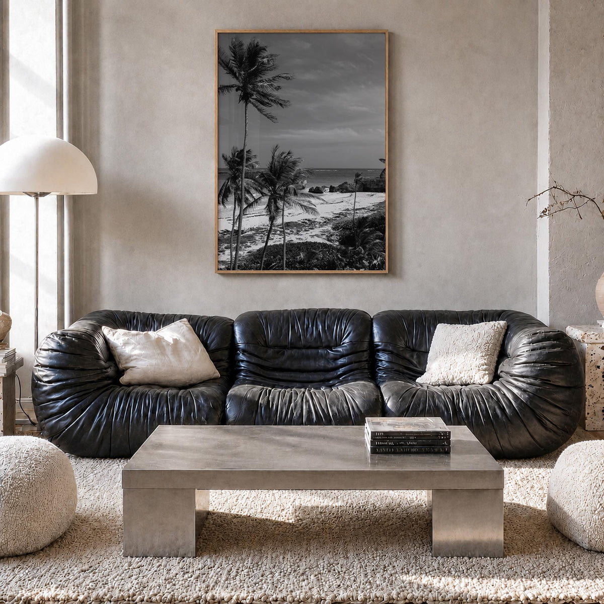 Barbados black & white photo poster of Caribbean – vertical wall art in natural wood frame, hanging on wall