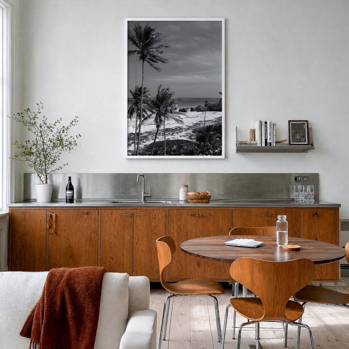 Barbados black & white photo poster of Caribbean – vertical wall art in white wood frame, hanging on wall