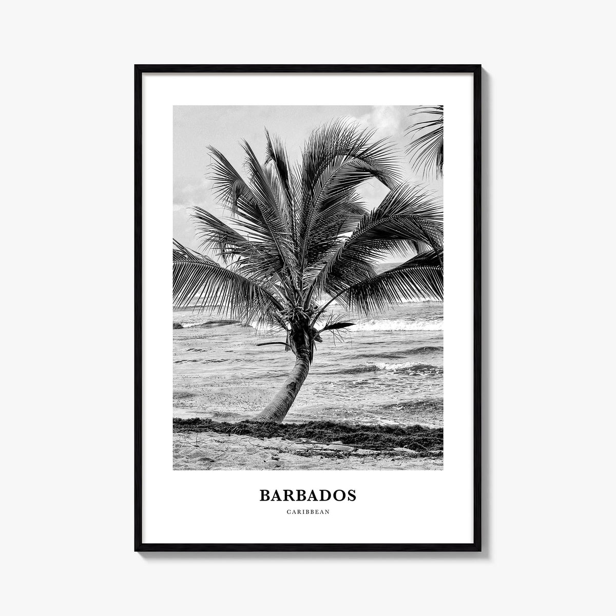 Barbados no. 1 black & white classic poster of Caribbean – vertical wall art, unframed print shown in interior mockup