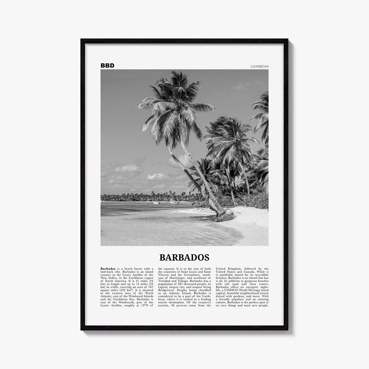 Barbados no. 1 black & white newspaper poster of Caribbean – vertical wall art, unframed print shown in interior mockup