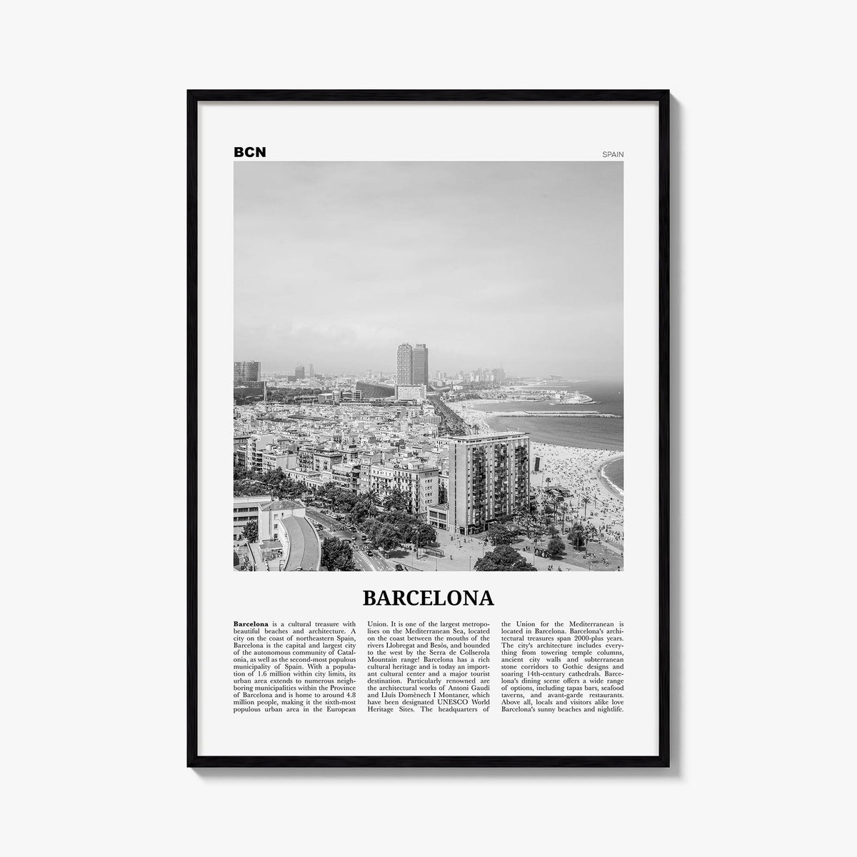 Barcelona no. 2 black & white newspaper poster of Spain – vertical wall art, unframed print shown in interior mockup