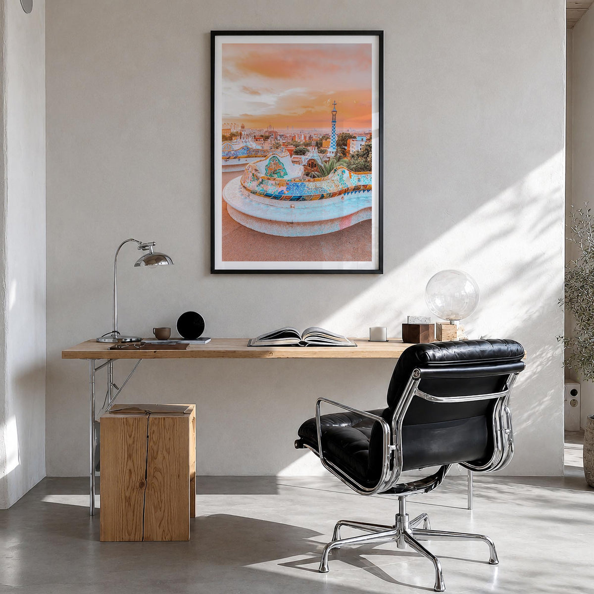 Barcelona no. 2 colorful photo poster of Spain – vertical wall art in black wood frame with white border, hanging on wall