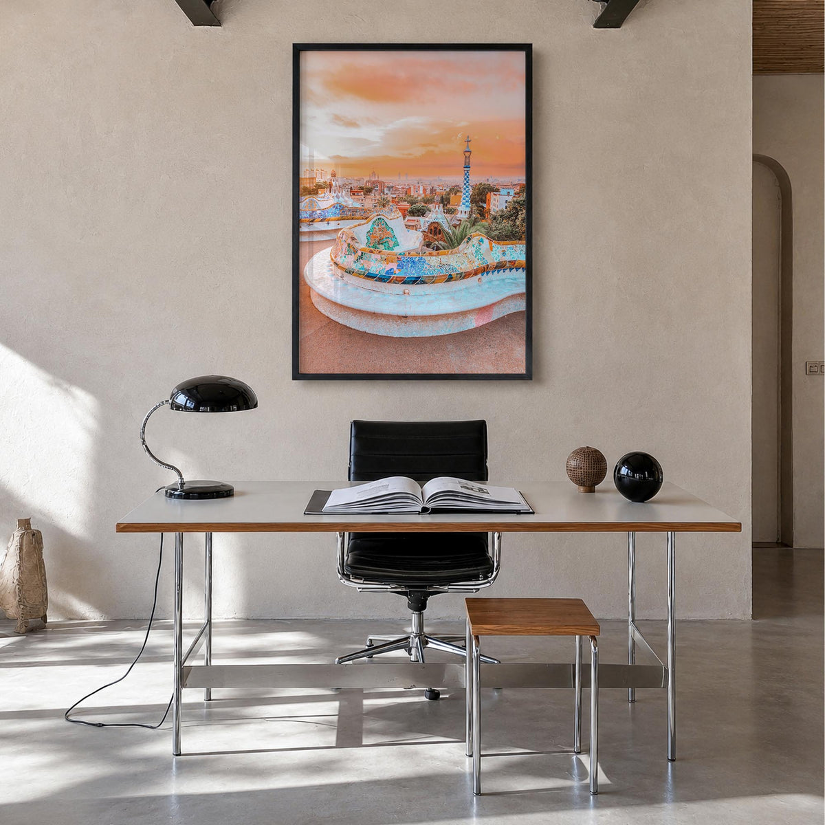 Barcelona no. 2 colorful photo poster of Spain – vertical wall art in black wood frame, hanging on wall
