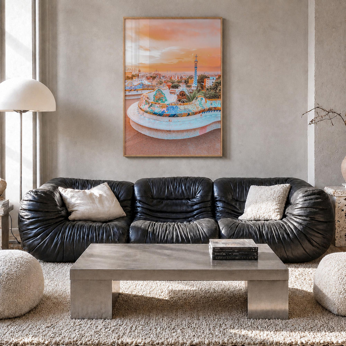 Barcelona no. 2 colorful photo poster of Spain – vertical wall art in natural wood frame, hanging on wall