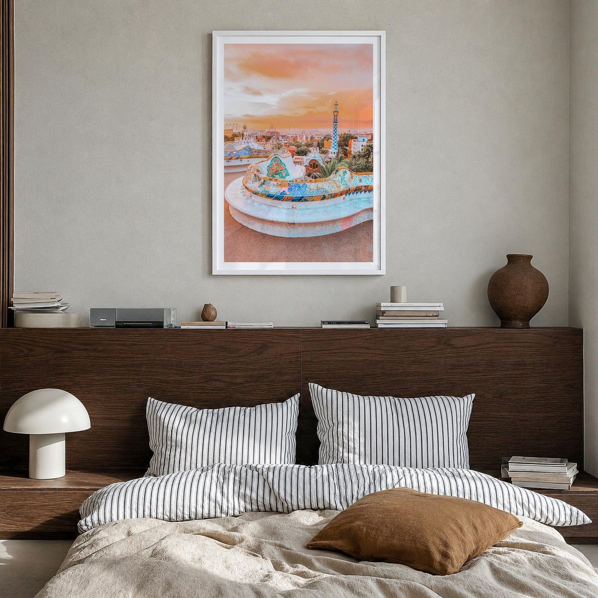 Barcelona no. 2 colorful photo poster of Spain – vertical wall art in white wood frame with white border, hanging on wall