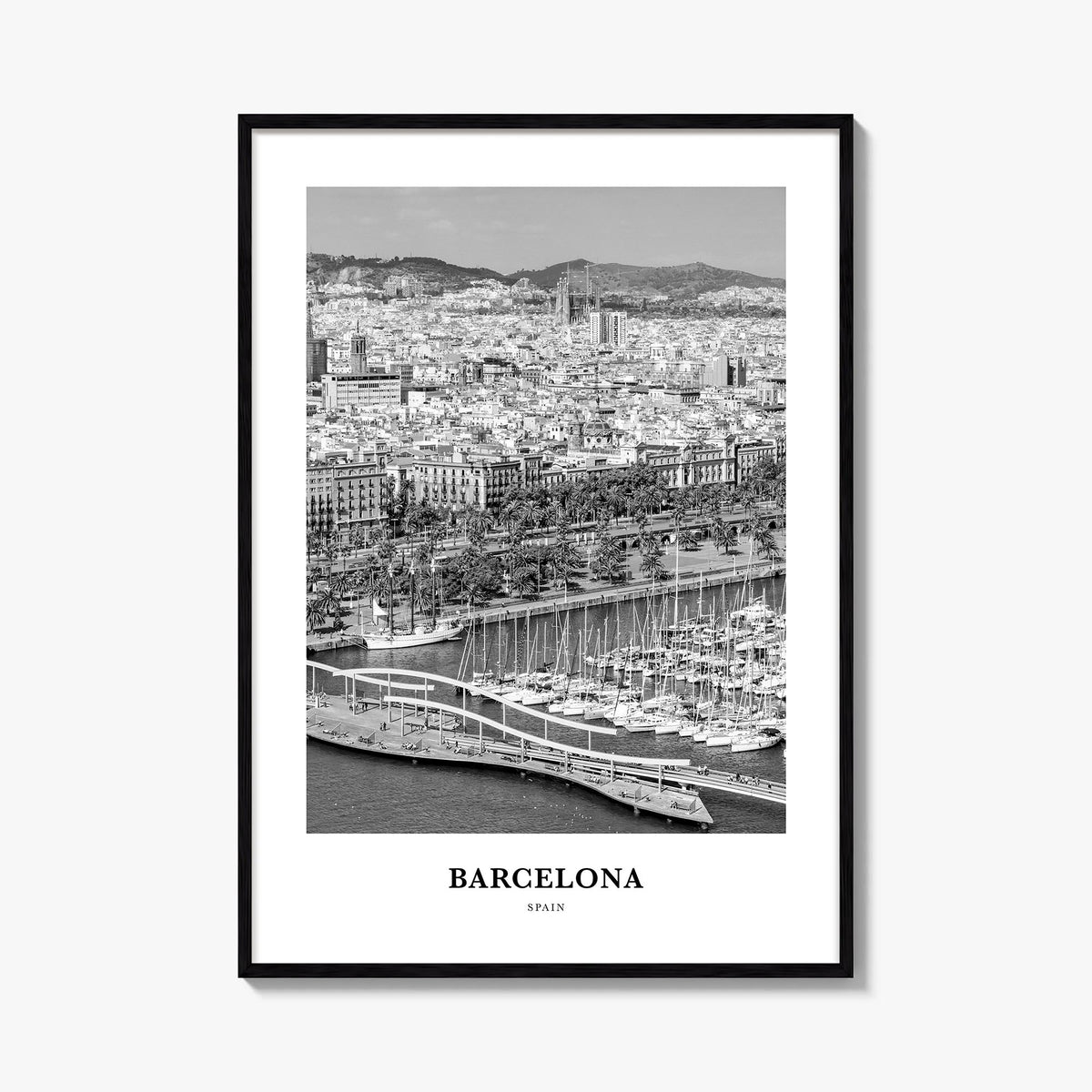 Barcelona no. 3 black & white classic poster of Spain – vertical wall art, unframed print shown in interior mockup