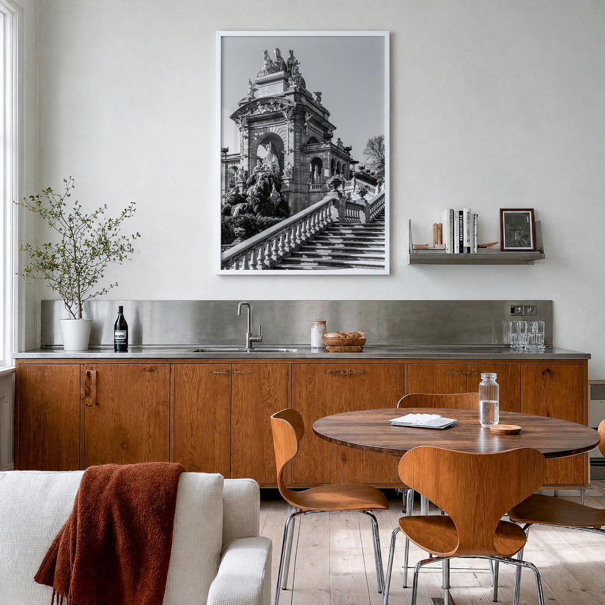 Barcelona no. 3 black & white photo poster of Spain – vertical wall art in white wood frame, hanging on wall