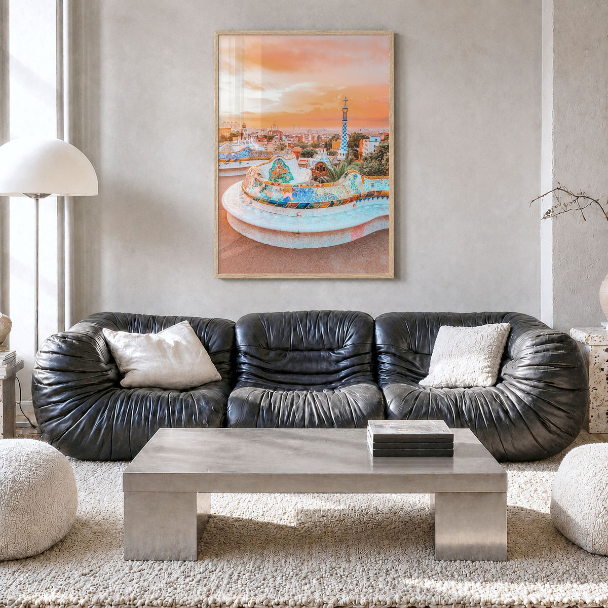 Barcelona Photo No 2 Poster in a natural wood frame, hanging in a living room, full image (no border)