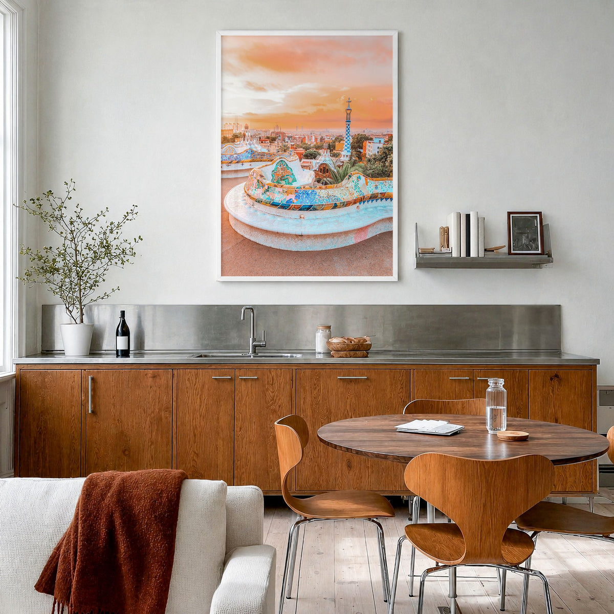 Barcelona Photo No 2 Poster in a white wood frame, hanging in a kitchen with a dining area, full image (no border)