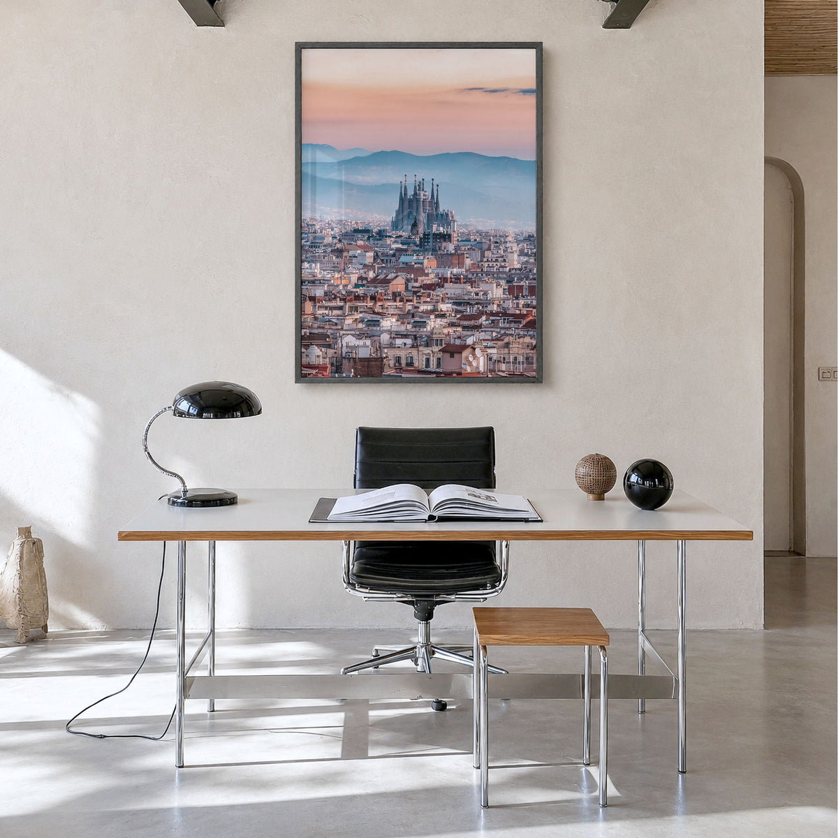 Barcelona Photo No 3 Poster in a black wood frame, hanging in a minimalist home office, full image (no border)