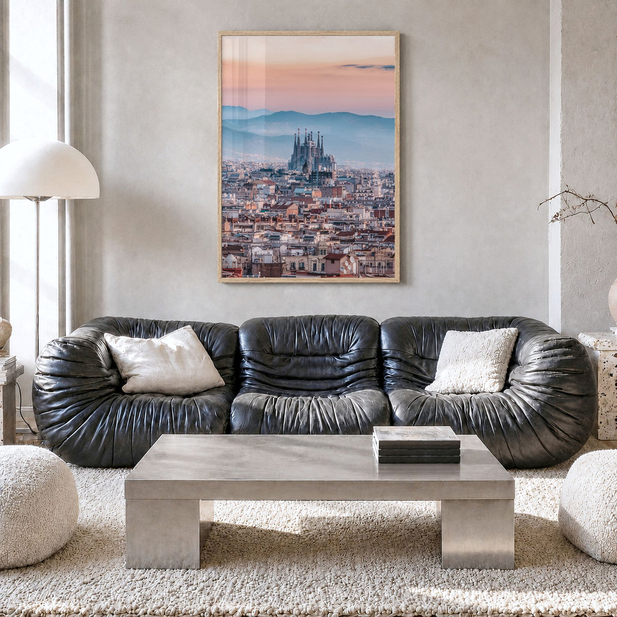 Barcelona Photo No 3 Poster in a natural wood frame, hanging in a living room, full image (no border)