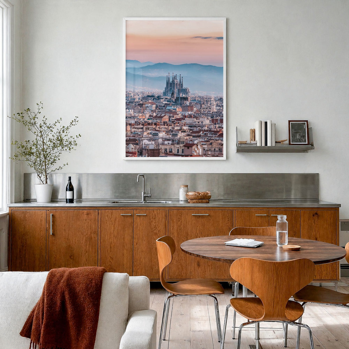 Barcelona Photo No 3 Poster in a white wood frame, hanging in a kitchen with a dining area, full image (no border)