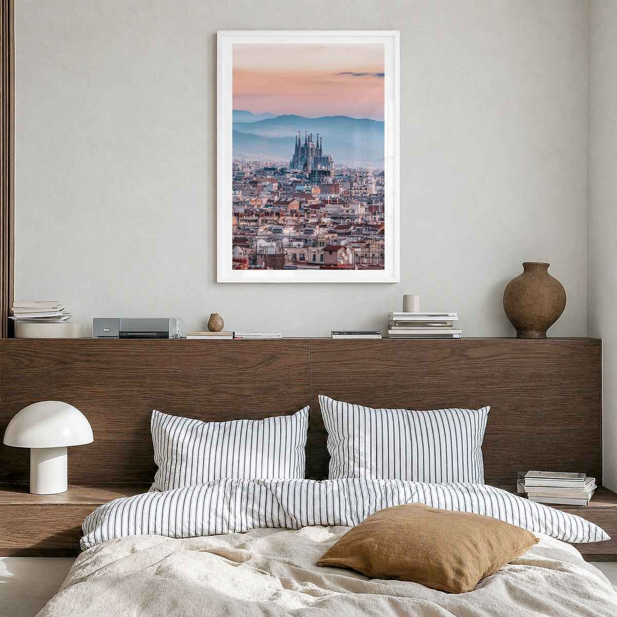 Barcelona Photo No 3 Poster in a white wood frame, hanging in a bedroom, white border