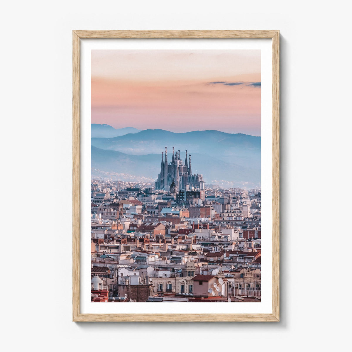 Barcelona Photo No 3 Poster in a natural wood frame, white border