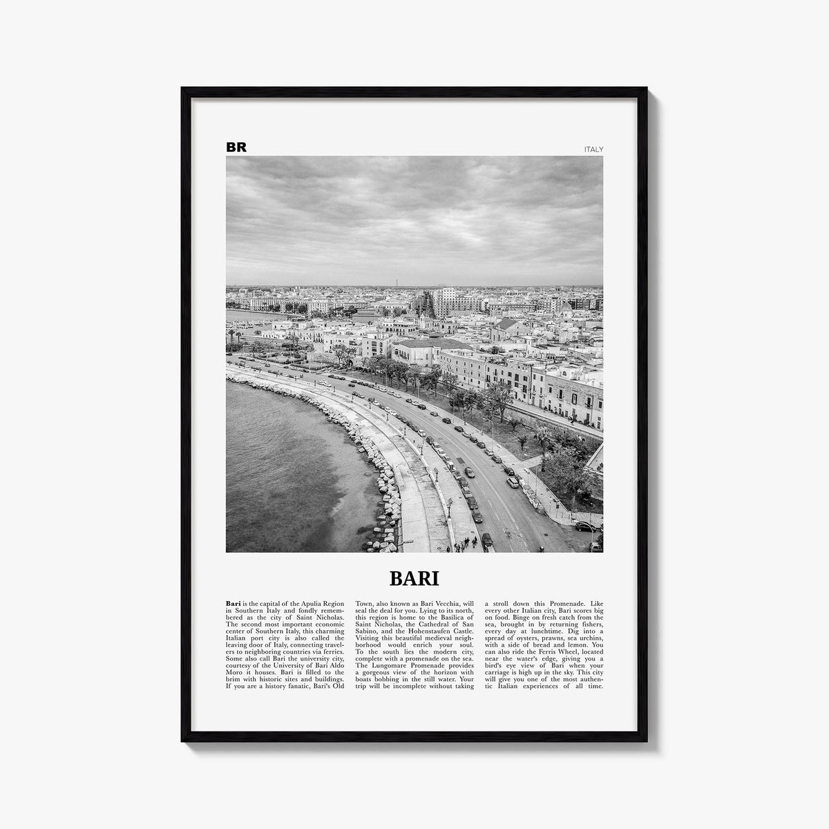 Bari black & white newspaper poster of Italy – vertical wall art, unframed print shown in interior mockup