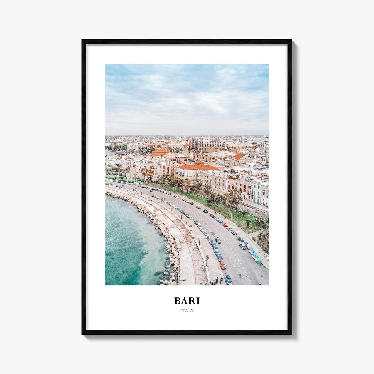 Bari colorful classic poster of Italy – vertical wall art, unframed print shown in interior mockup
