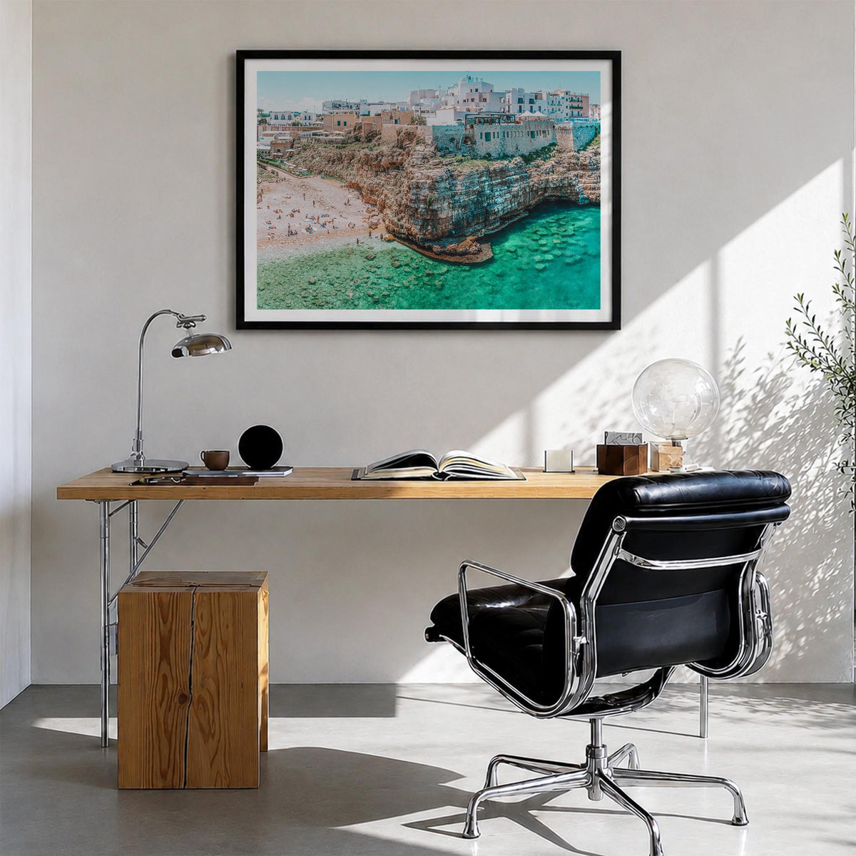 Bari colorful photo poster of Italy – horizontal wall art in black wood frame with white border, hanging on wall