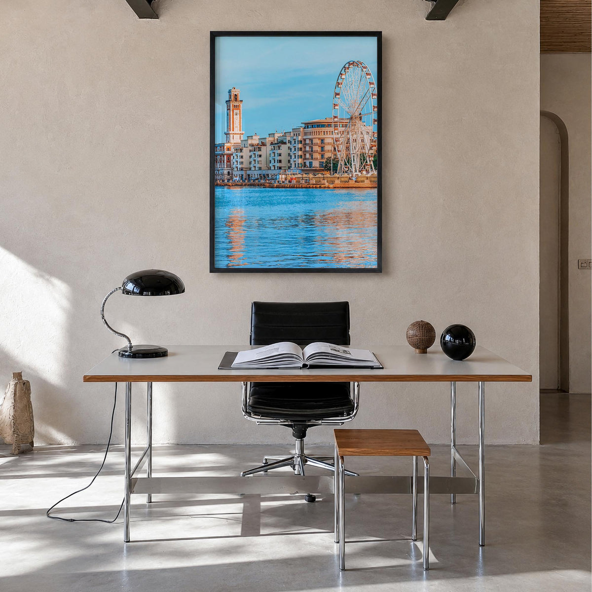 Bari colorful photo poster of Italy – vertical wall art in black wood frame, hanging on wall
