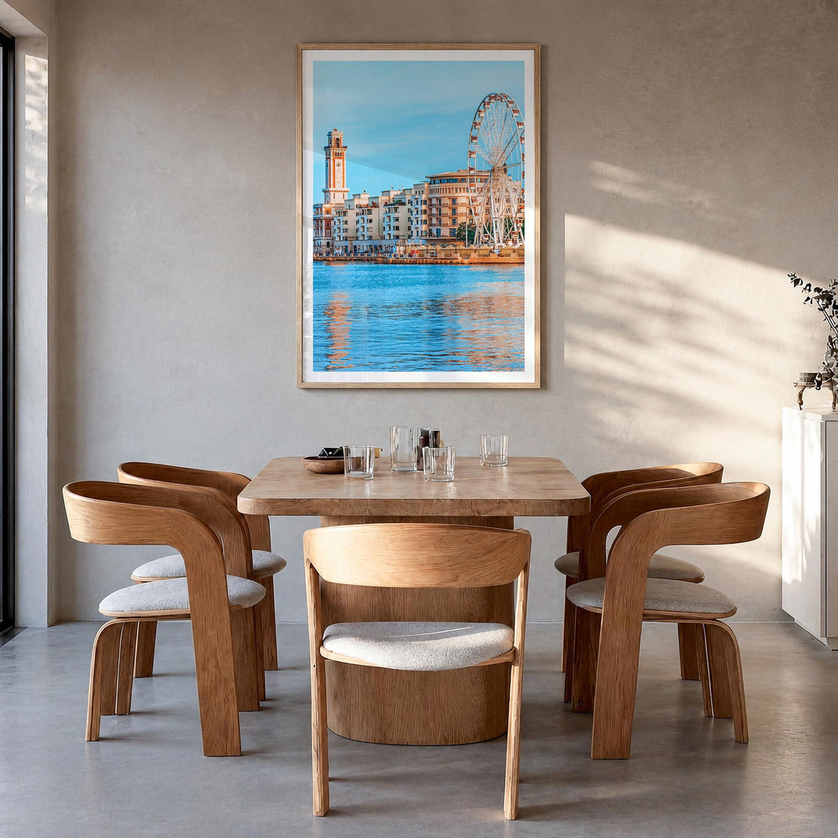 Bari colorful photo poster of Italy – vertical wall art in natural wood frame with white border, hanging on wall
