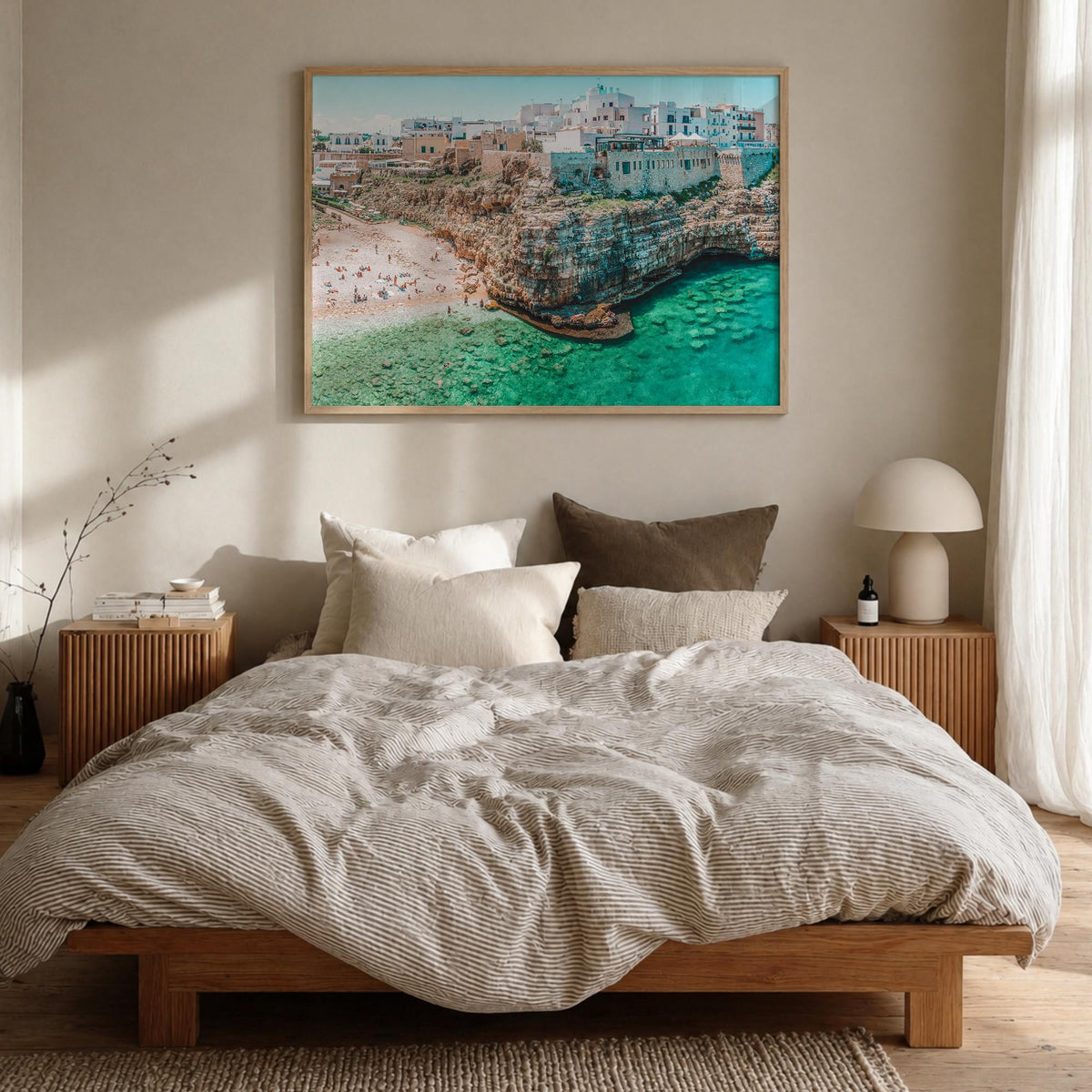Bari colorful photo poster of Italy – horizontal wall art in natural wood frame, hanging on wall