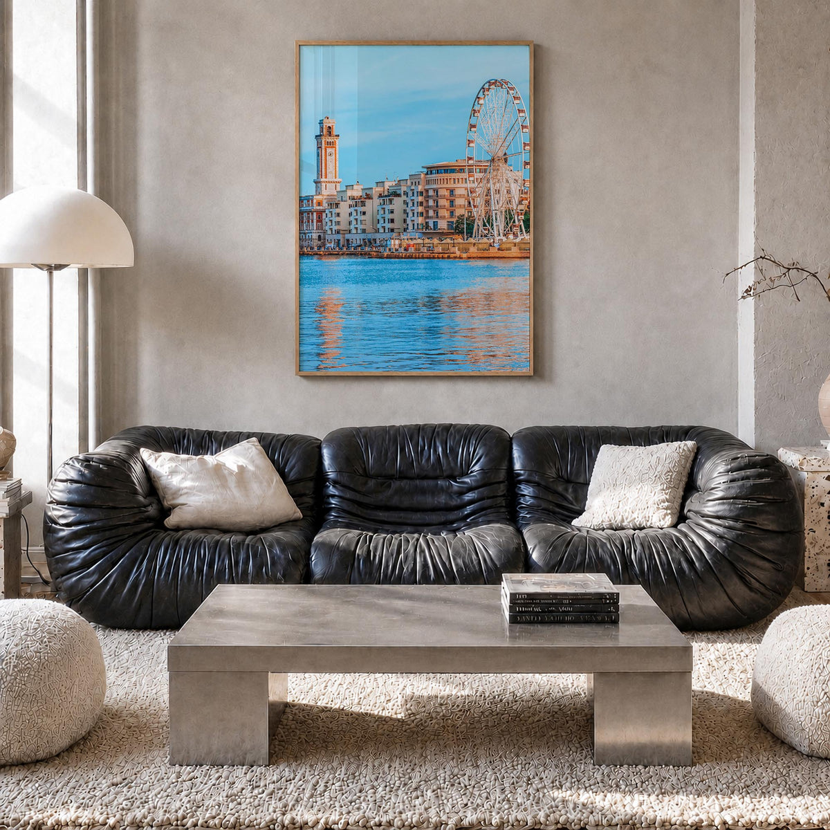 Bari colorful photo poster of Italy – vertical wall art in natural wood frame, hanging on wall