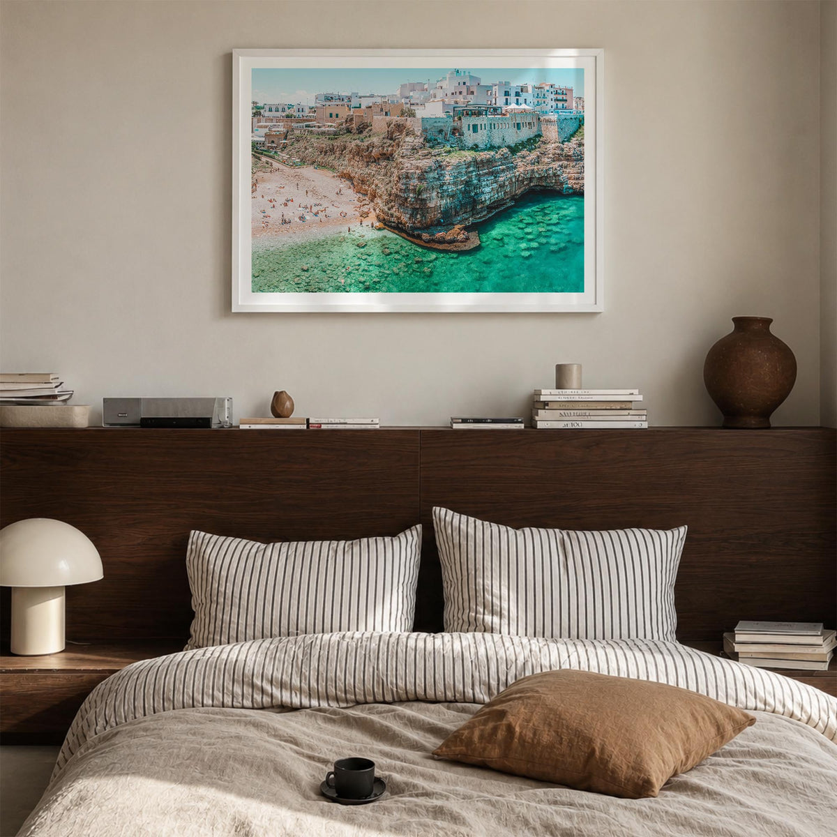 Bari colorful photo poster of Italy – horizontal wall art in white wood frame with white border, hanging on wall