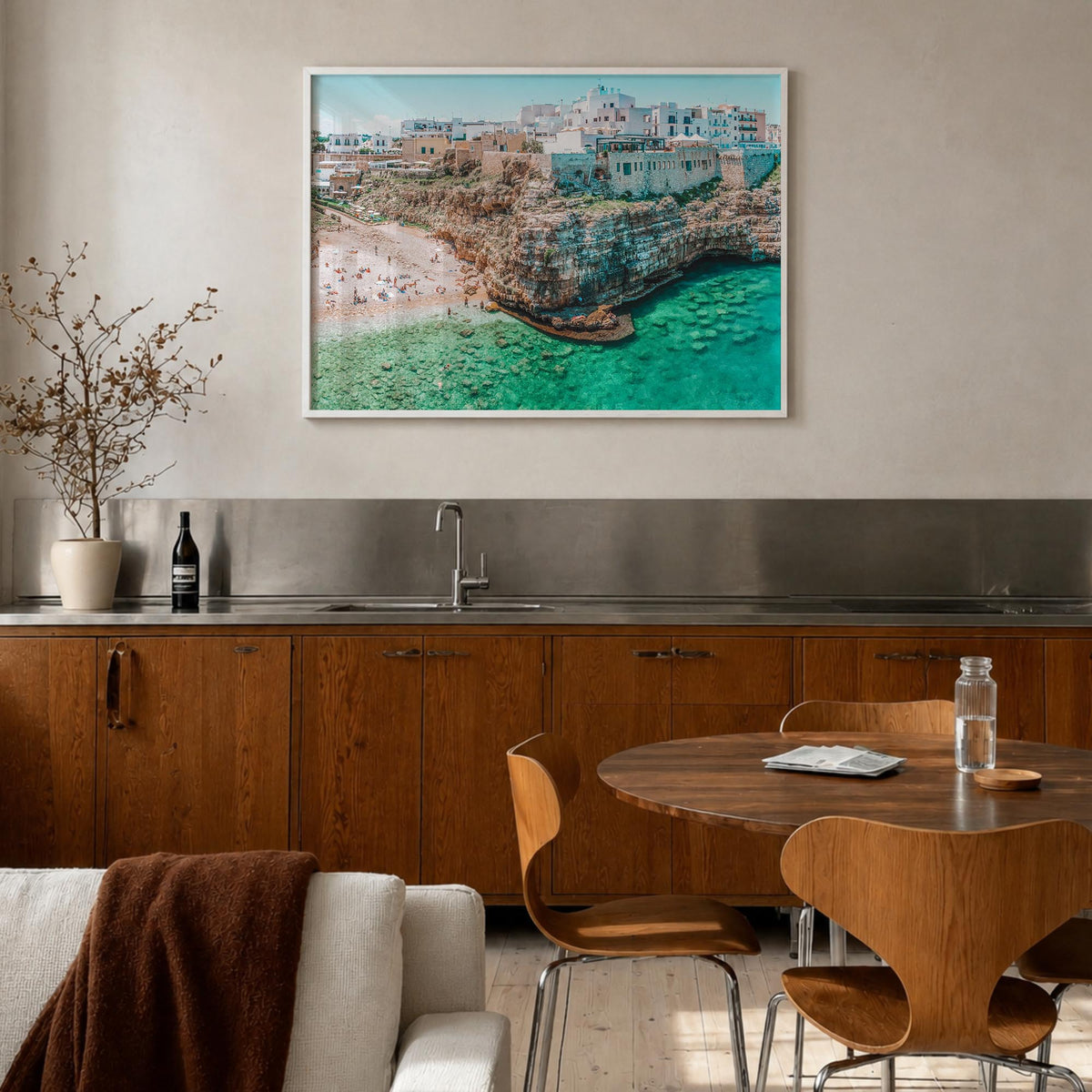 Bari colorful photo poster of Italy – horizontal wall art in white wood frame, hanging on wall