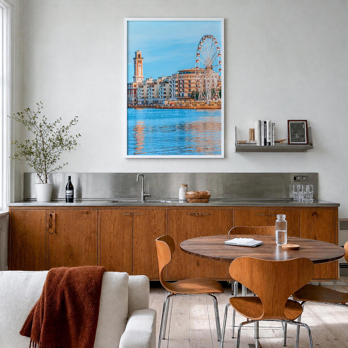 Bari colorful photo poster of Italy – vertical wall art in white wood frame, hanging on wall