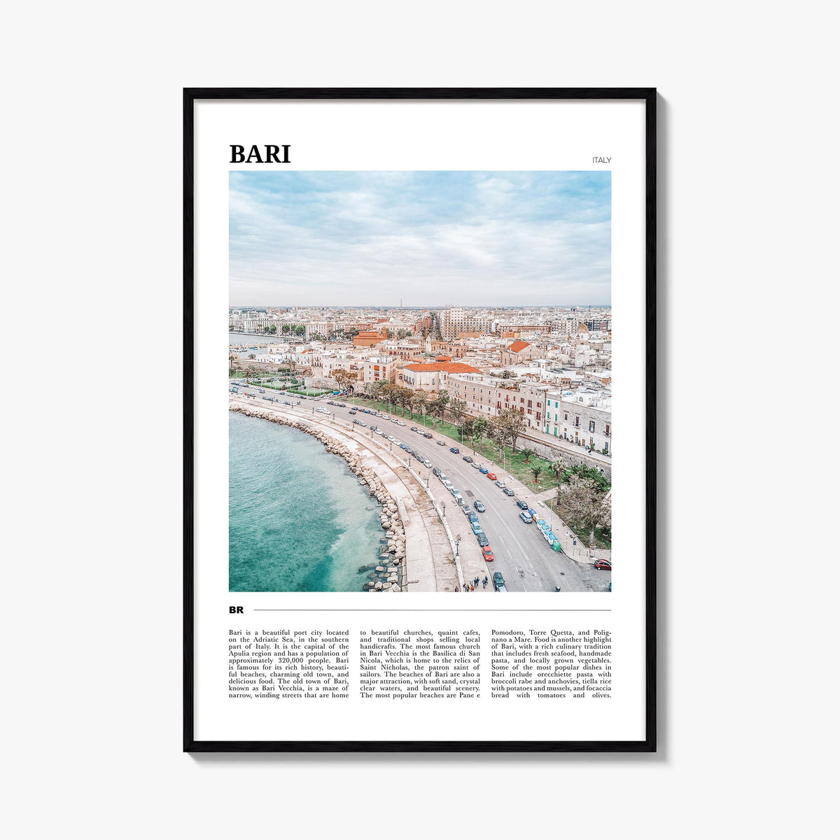 Bari colorful travel poster of Italy – vertical wall art, unframed print shown in interior mockup