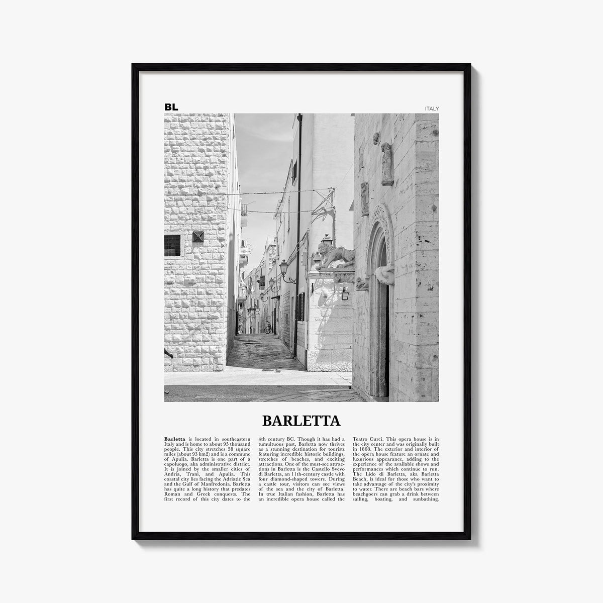 Barletta black & white newspaper poster of Italy – vertical wall art, unframed print shown in interior mockup