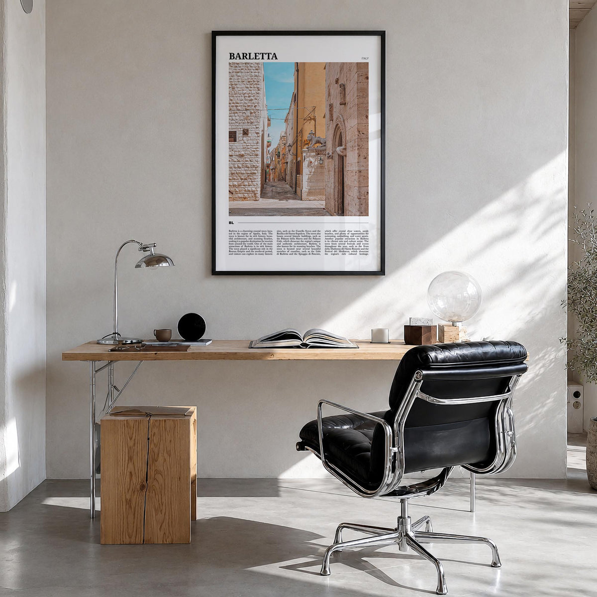 Barletta colorful travel poster of Italy – vertical wall art in black wood frame, hanging on wall