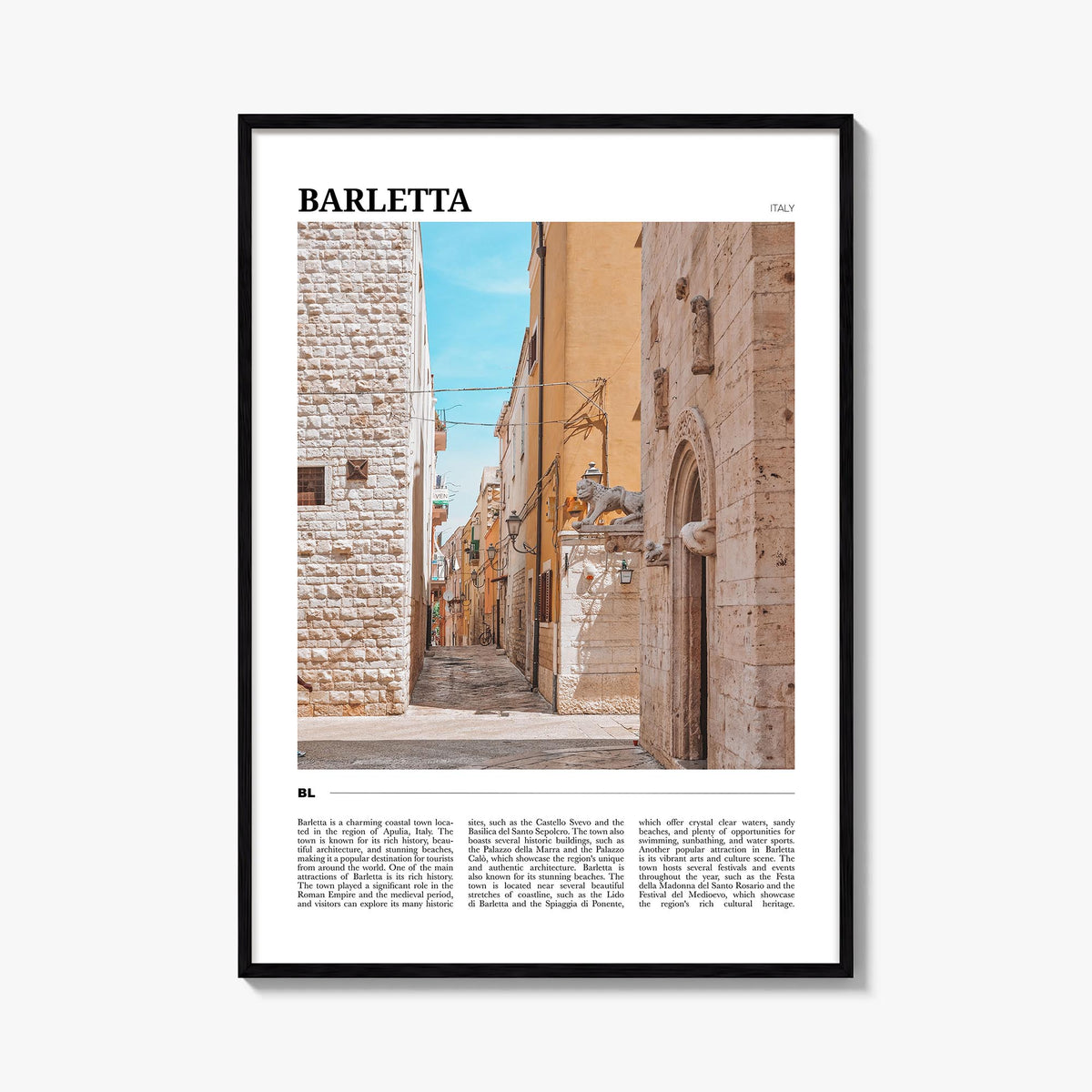 Barletta colorful travel poster of Italy – vertical wall art, unframed print shown in interior mockup