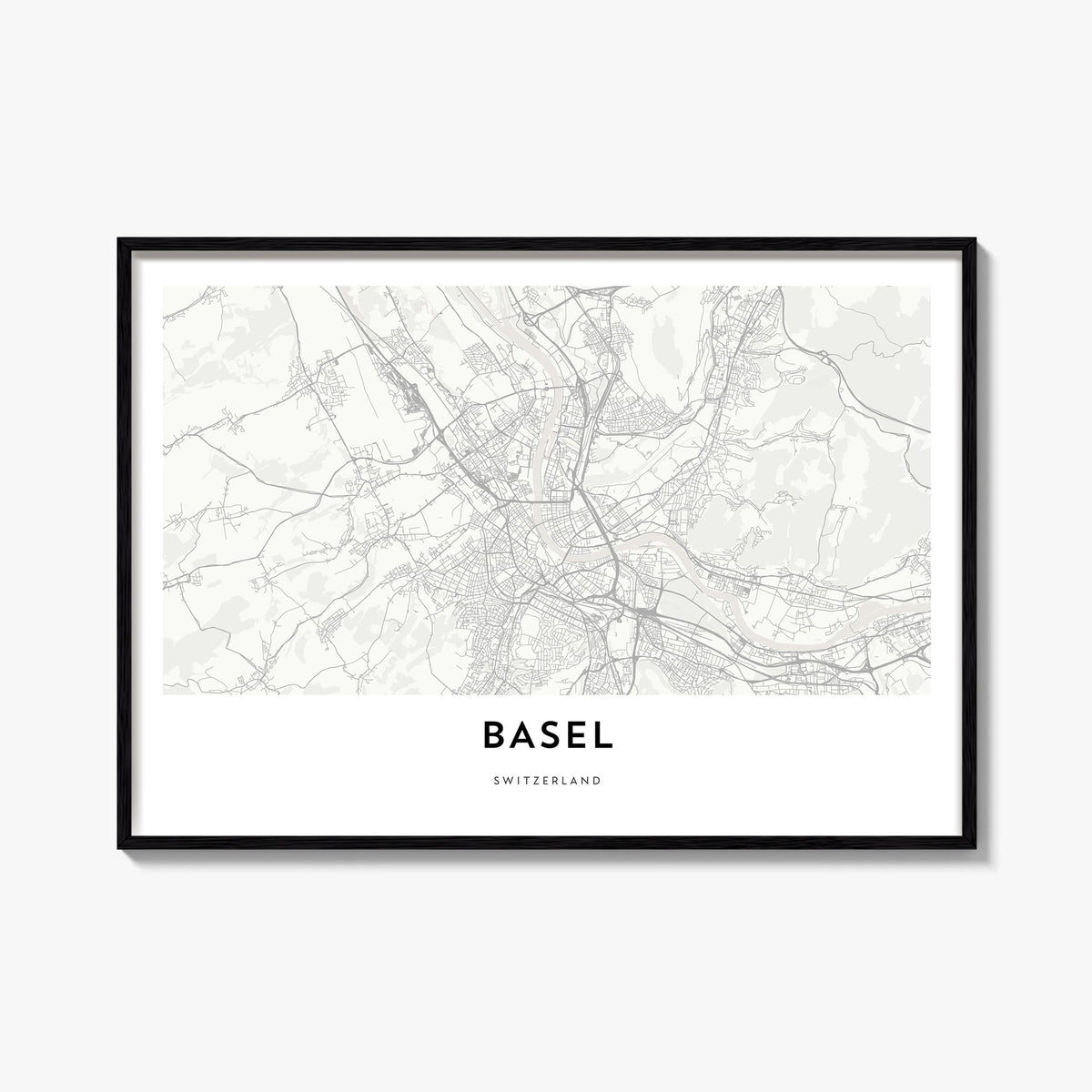 Basel black & white map poster of Switzerland – horizontal wall art, unframed print shown in interior mockup