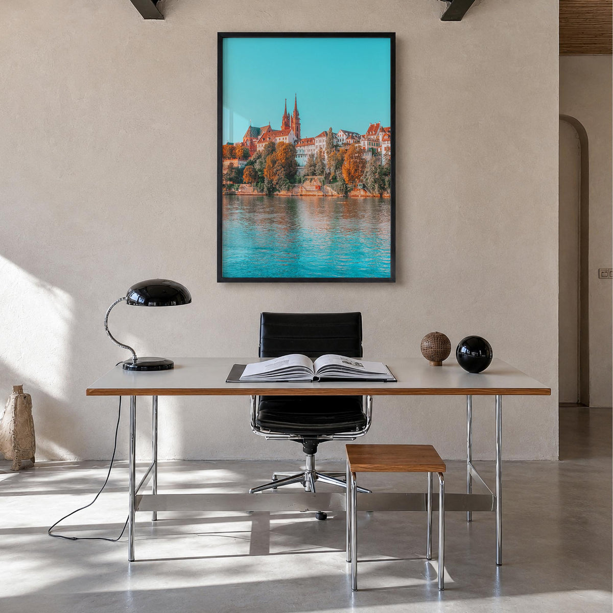 Basel colorful photo poster of Switzerland – vertical wall art in black wood frame, hanging on wall