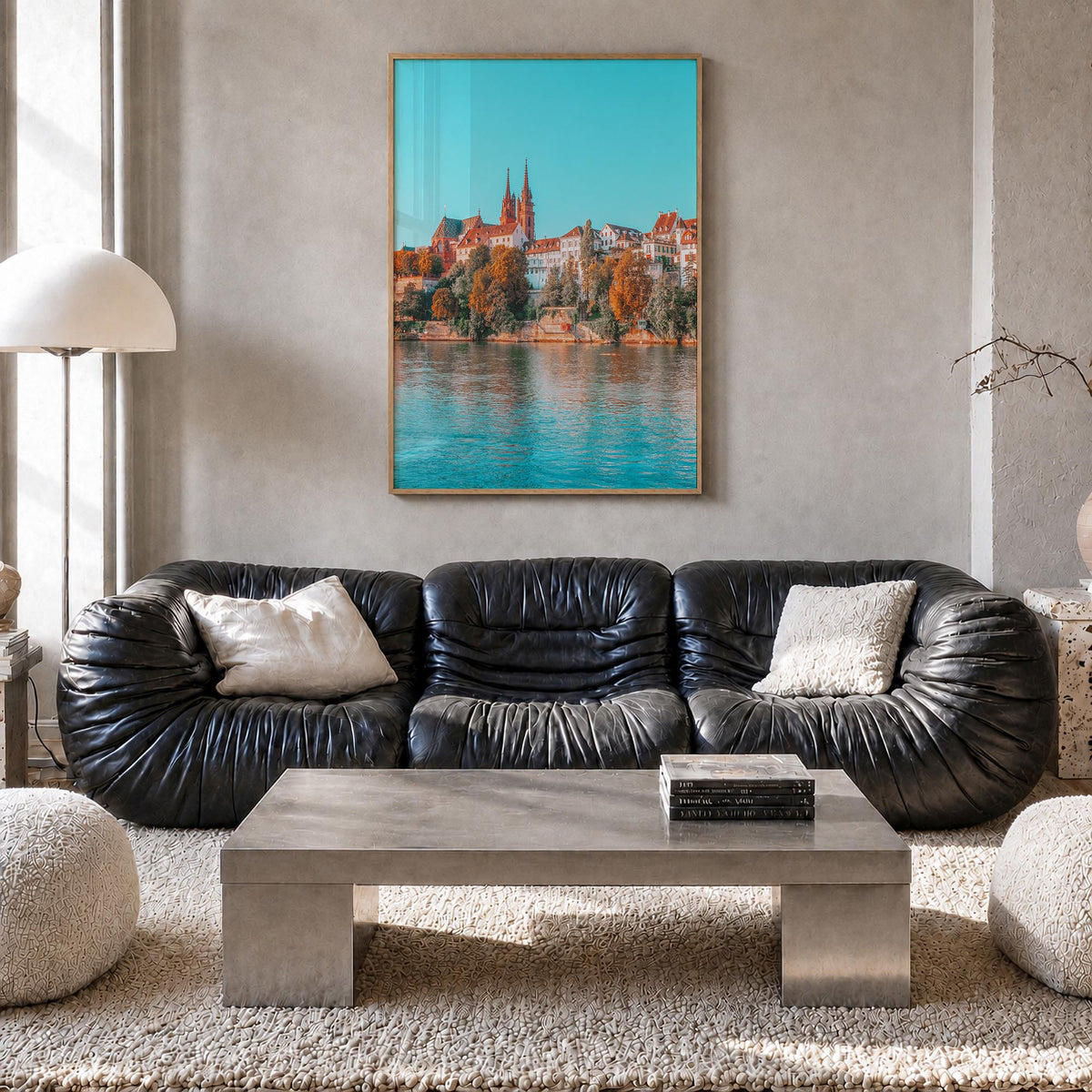 Basel colorful photo poster of Switzerland – vertical wall art in natural wood frame, hanging on wall