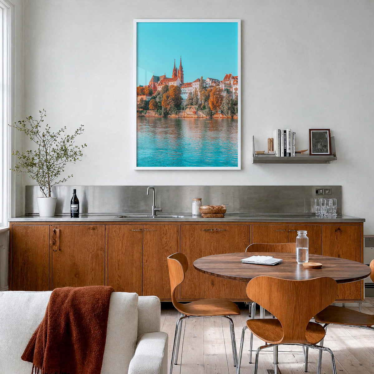 Basel colorful photo poster of Switzerland – vertical wall art in white wood frame, hanging on wall
