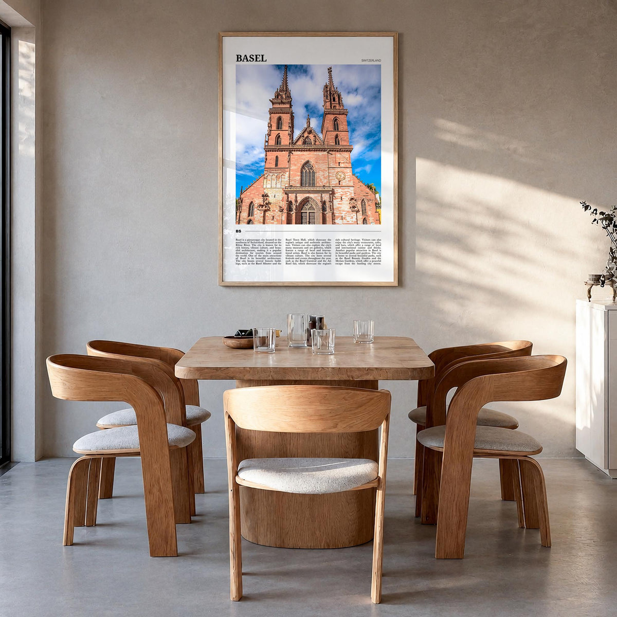 Basel colorful travel poster of Switzerland – vertical wall art in natural wood frame, hanging on wall