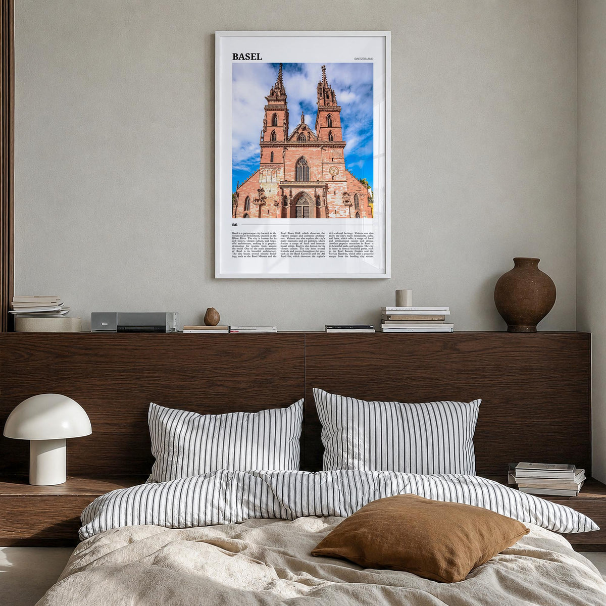 Basel colorful travel poster of Switzerland – vertical wall art in white wood frame, hanging on wall