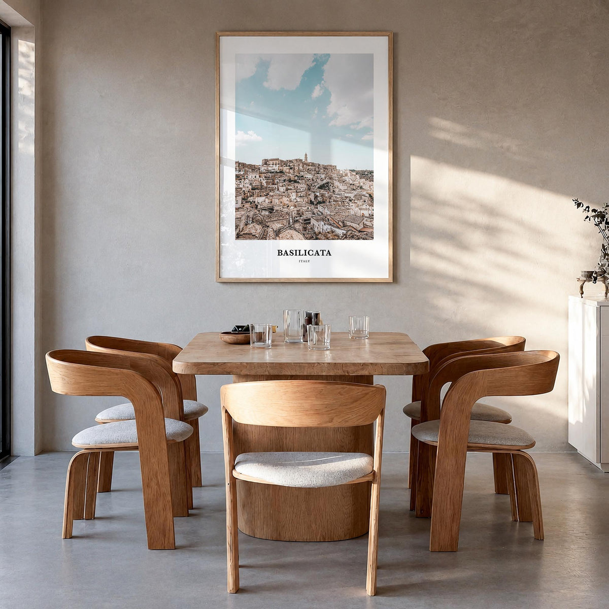 Basilicata colorful classic poster of Italy – vertical wall art in natural wood frame, hanging on wall