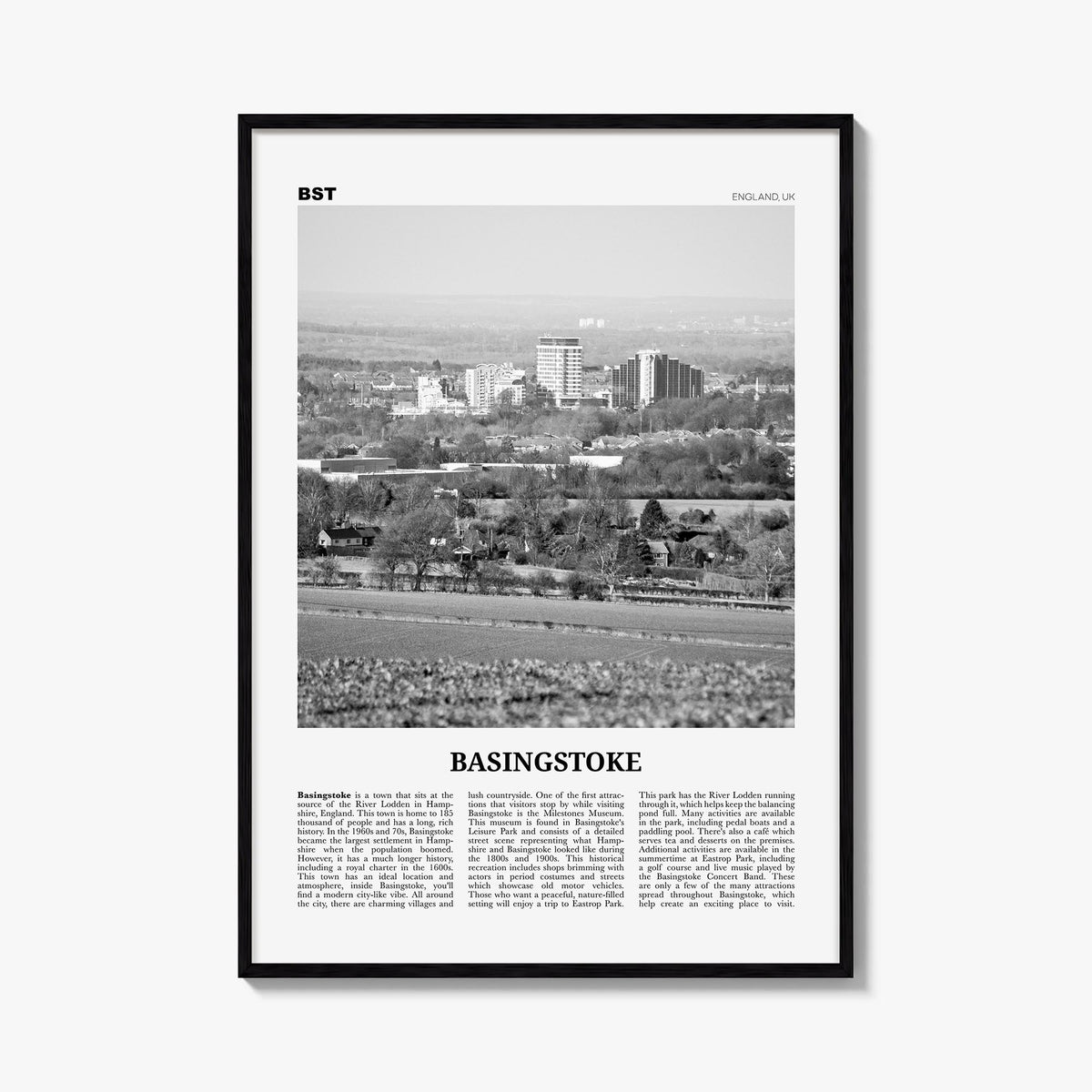 Basingstoke black & white newspaper poster of United Kingdom – vertical wall art, unframed print shown in interior mockup