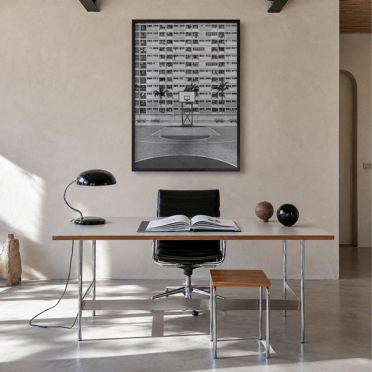Basketball Court no. 1 black & white photo poster – vertical wall art in black wood frame, hanging on wall