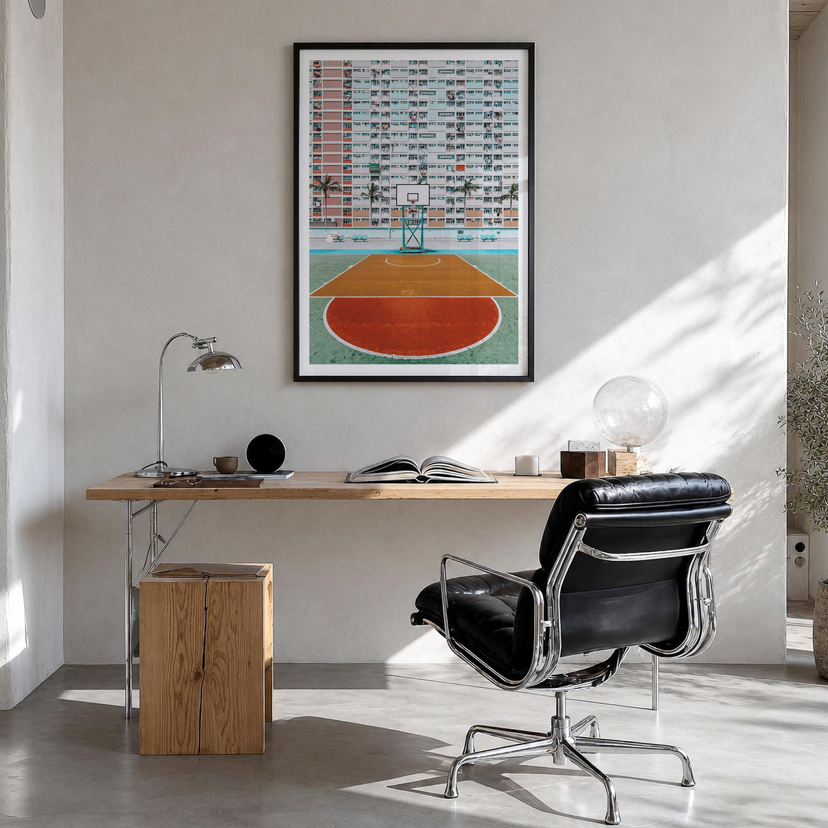 Basketball Court no. 1 colorful photo poster – vertical wall art in black wood frame with white border, hanging on wall