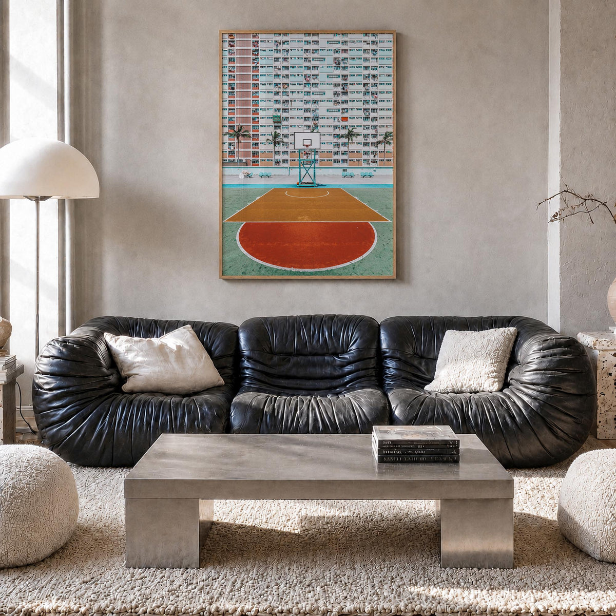 Basketball Court no. 1 colorful photo poster – vertical wall art in natural wood frame, hanging on wall